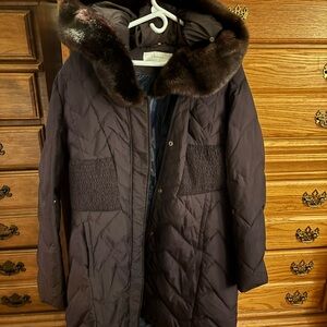 Tahari Dark Purple Quilted Coat with Faux Fur Collar